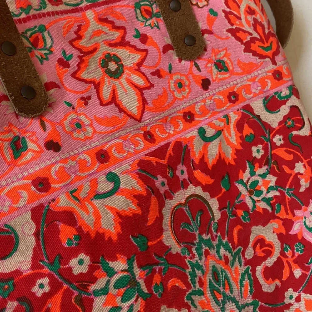 Floral boho sack tote bag with suede style straps